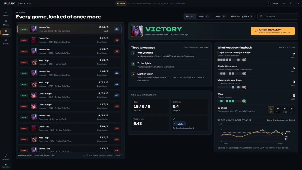 The Reviews list: your recorded games and your client match history, with a review for each.
