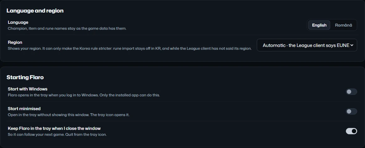 Settings, General: language and region, and how Flaro starts with Windows and stays in the tray.